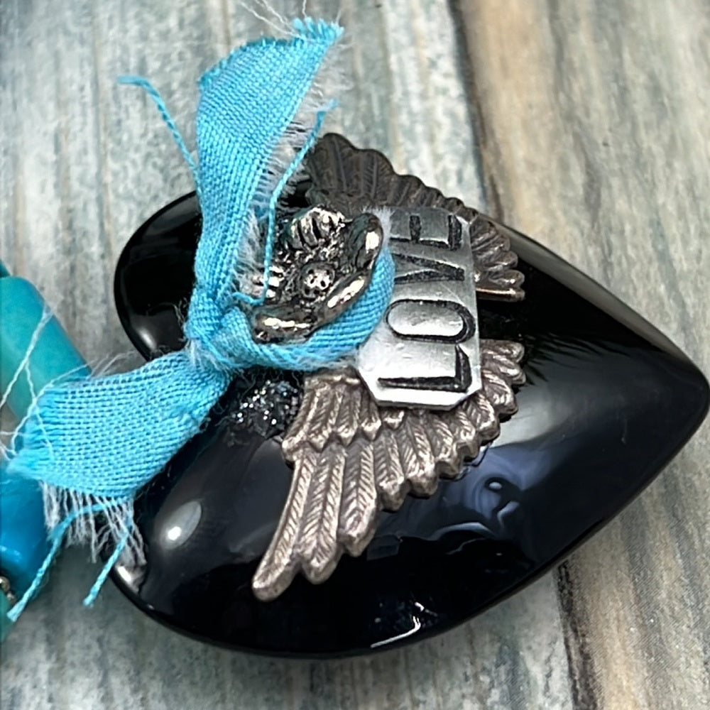 Adorned Crown Artisan Assemblage black heart turquoise love necklace