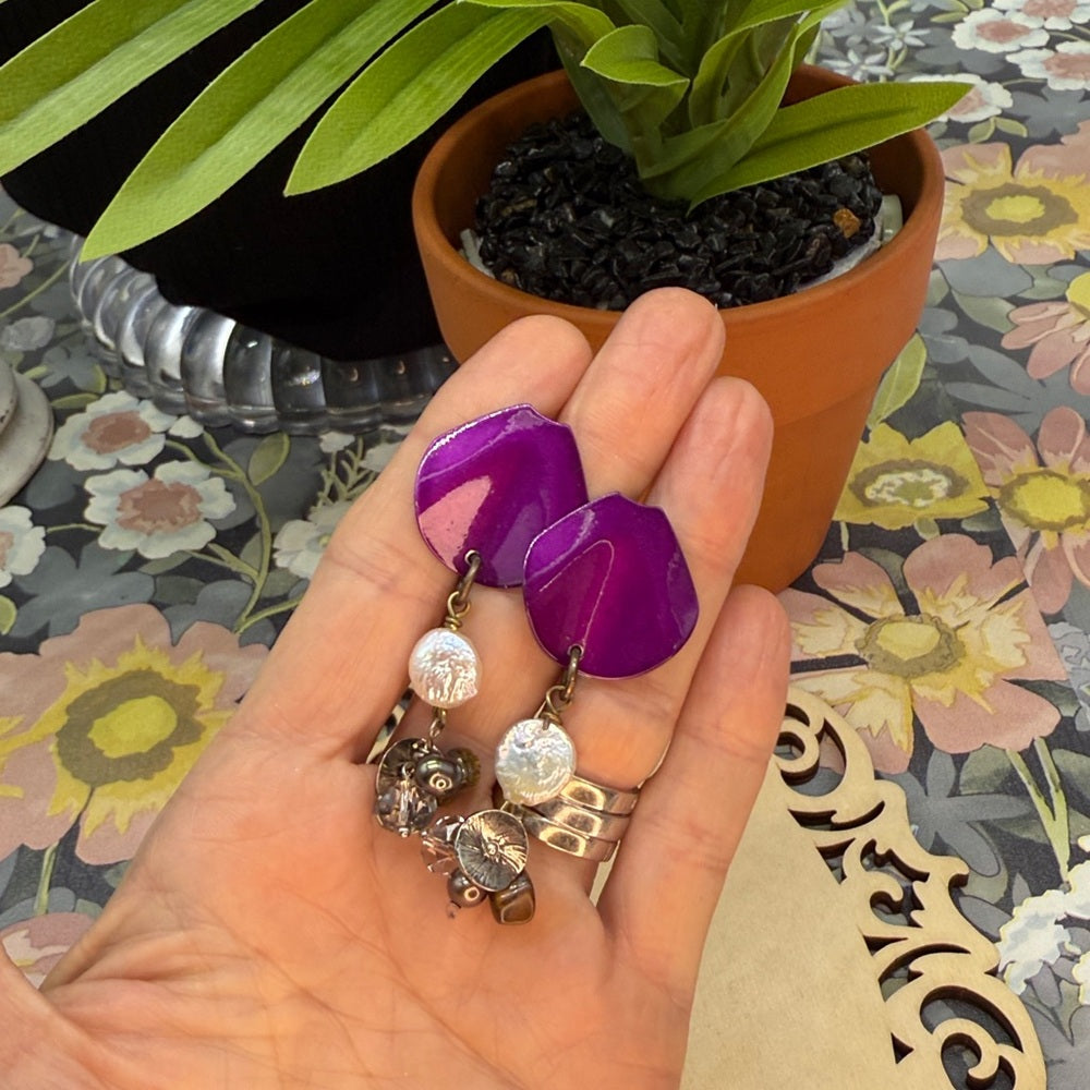 Adorned Crown Jewelry assemblage purple enamel post pearl bauble bead earrings