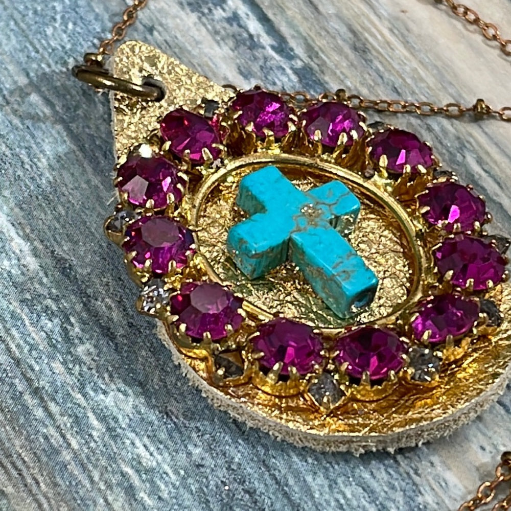 Adorned Crown Artisan assemblage leather rhinestone turquoise chain necklace