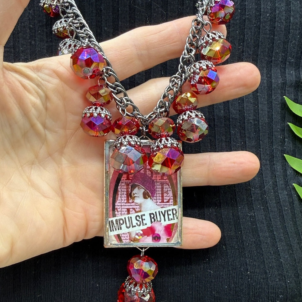 Adorned Crown Jewelry assemblage bauble Impulse buyer glass bezel necklace