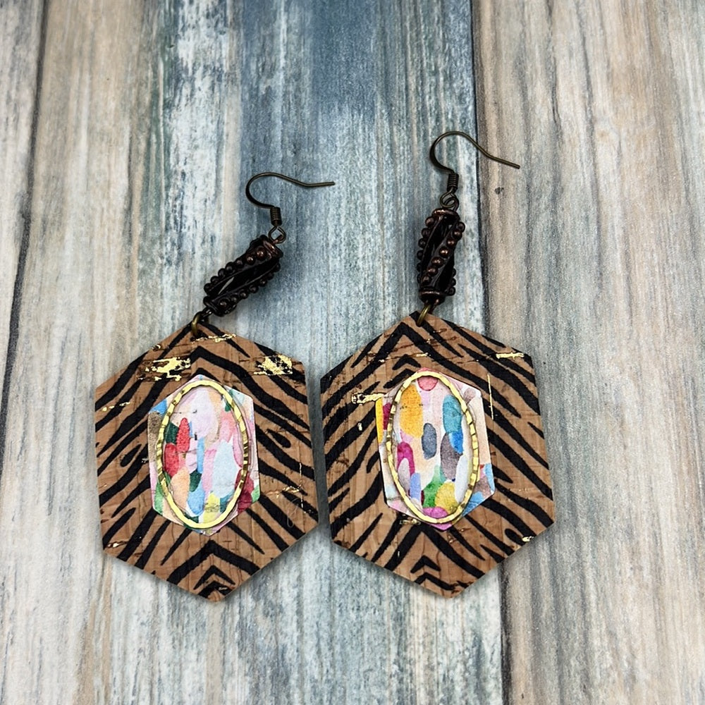 Adorned Crown Artisan Assemblage faux leather & metal zebra cork earrings