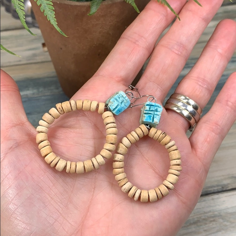 Adorned Crown artisan assemblage coconut bead scarab beach earrings