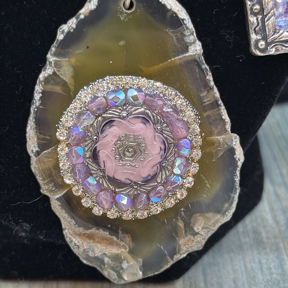 Adorned Crown Jewelry assemblage Floral Charm Pink Silver statement necklace