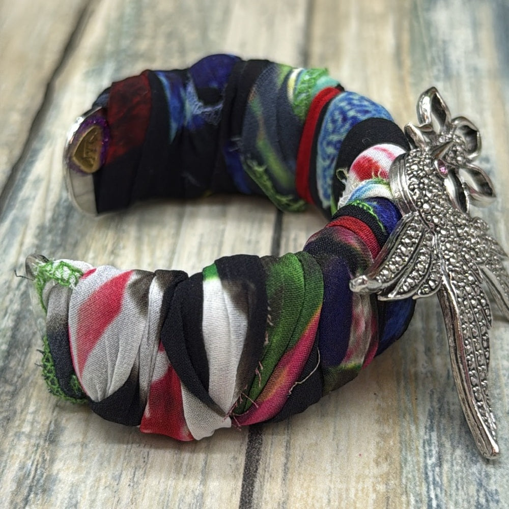 Adorned Crown Jewelry assemblage Hummingbird Multicolor Fabric cuff bracelet
