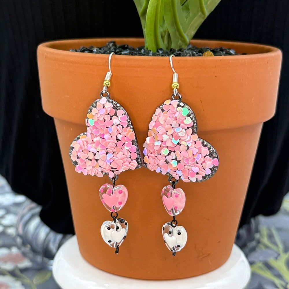 Adorned Crown Jewelry pink heart glitter Valentine's Day earrings