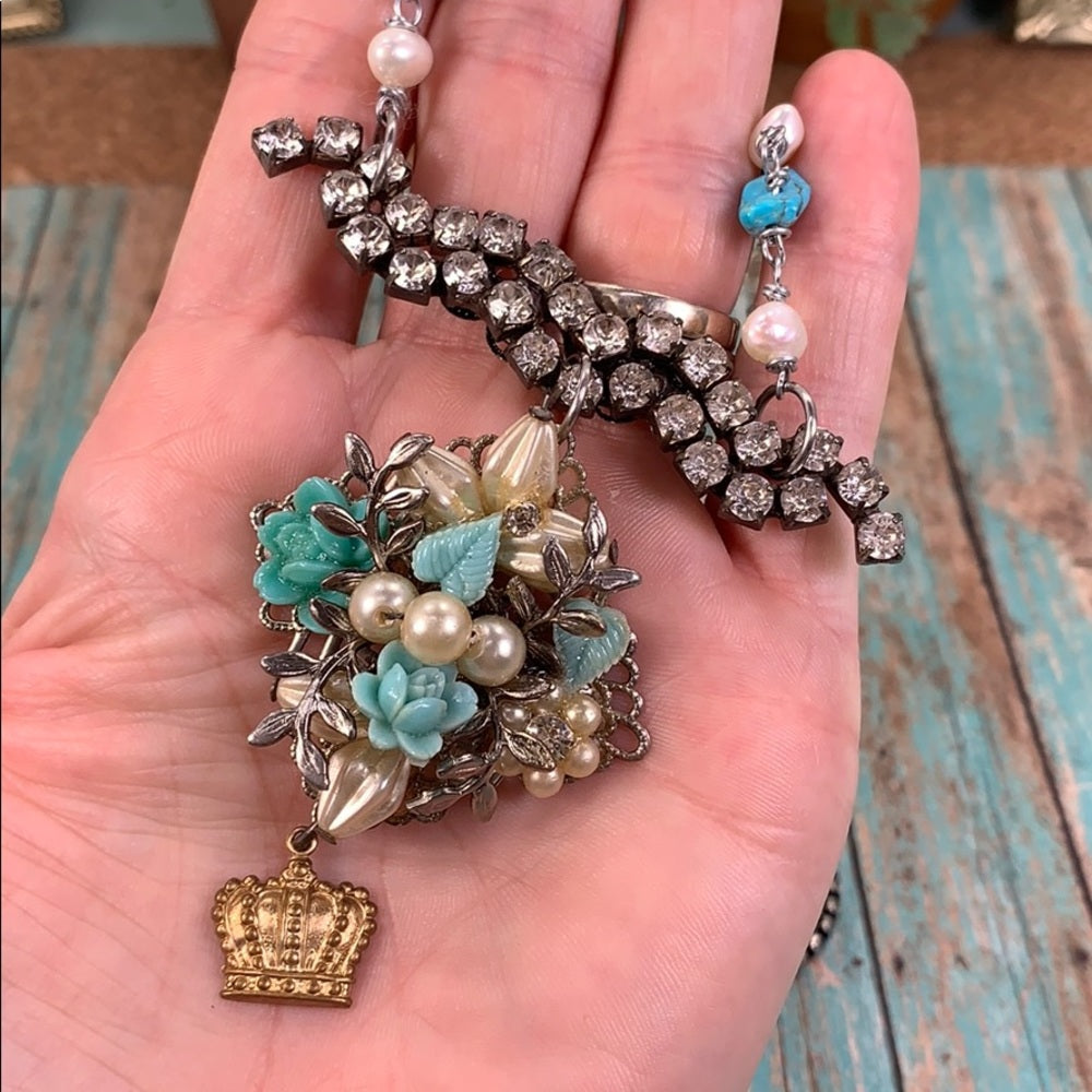 Adorned Crown artisan assemblage teal rhinestone cluster necklace