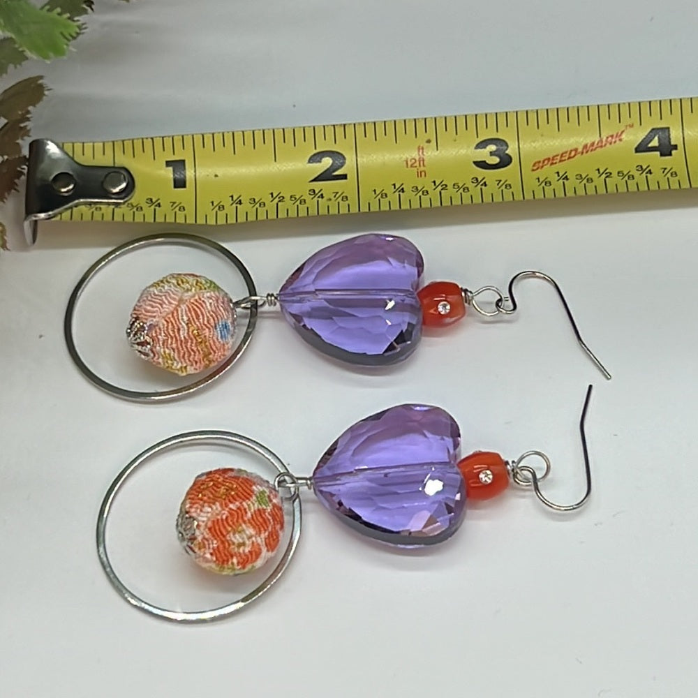 Adorned Crown Jewelry purple glass heart fabric bead earrings