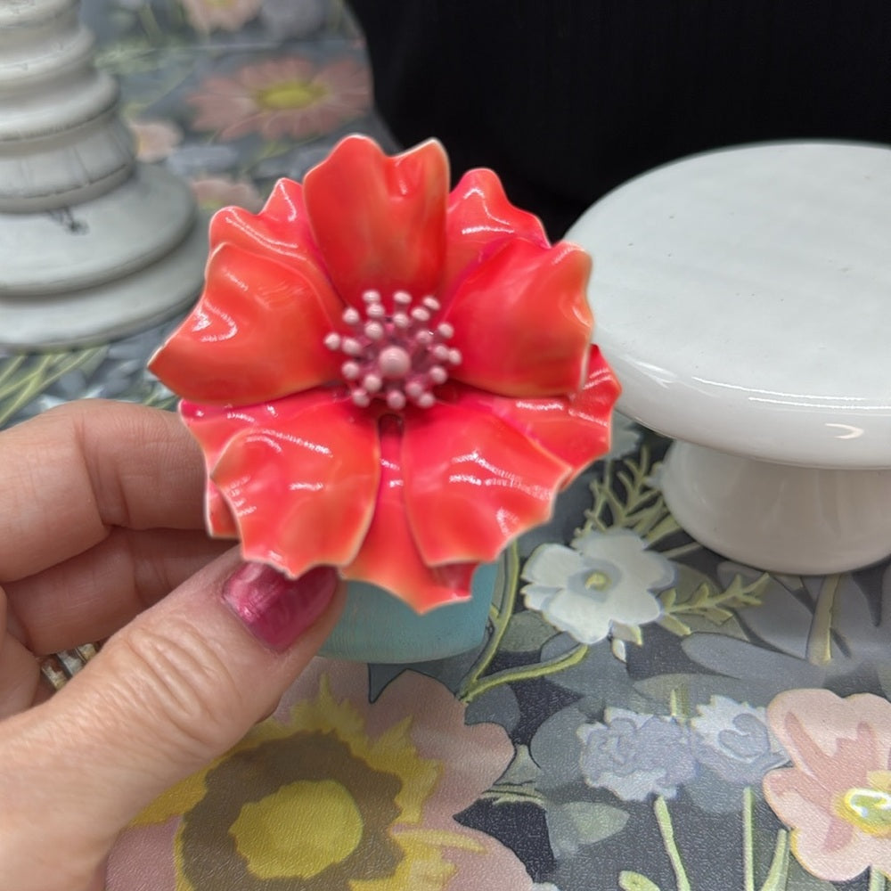 Adorned Crown Jewelry assemblage enamel salmon flower on teal cuff bracelet