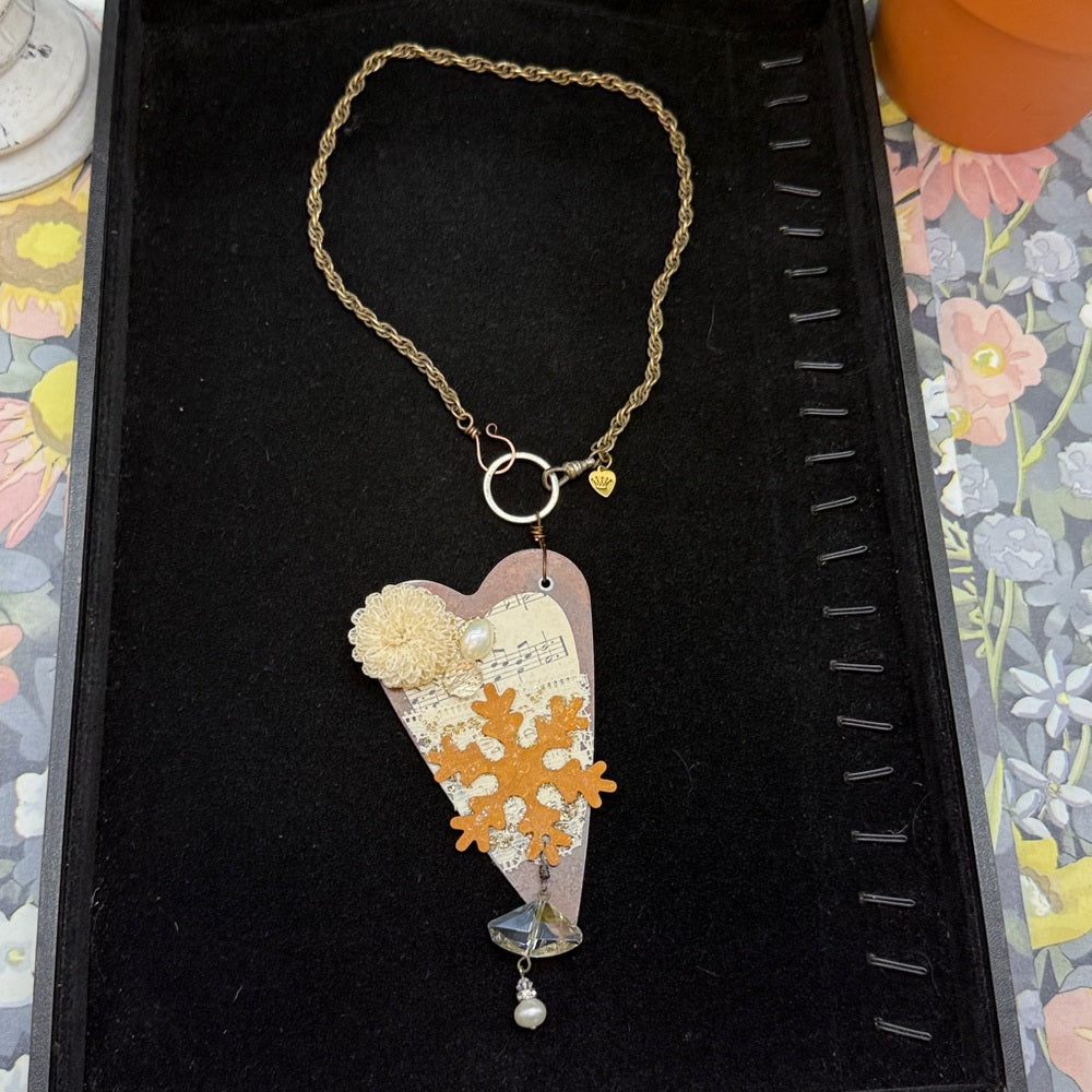 Adorned Crown Jewelry assemblage rusty heart sheet music snowflake necklace