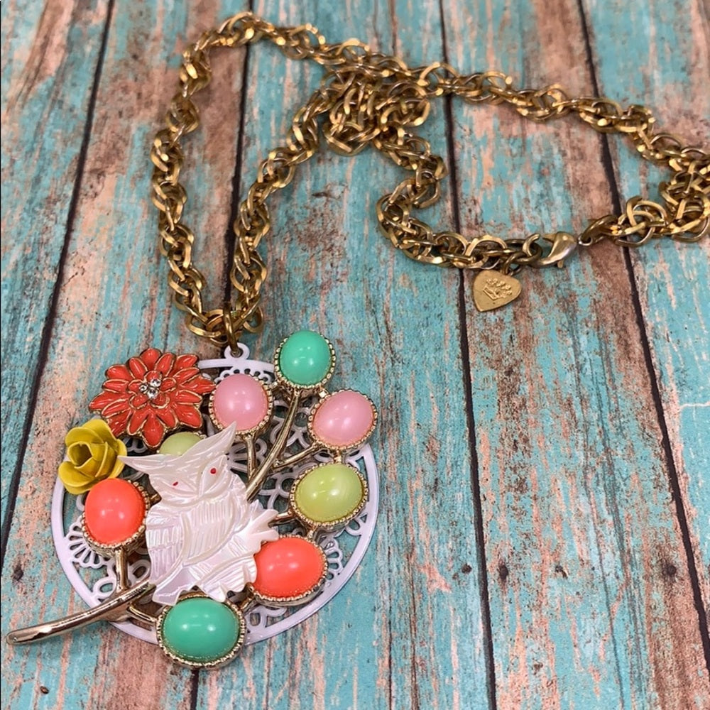 Adorned Crown artisan assemblage flower owl cluster assemblage necklace