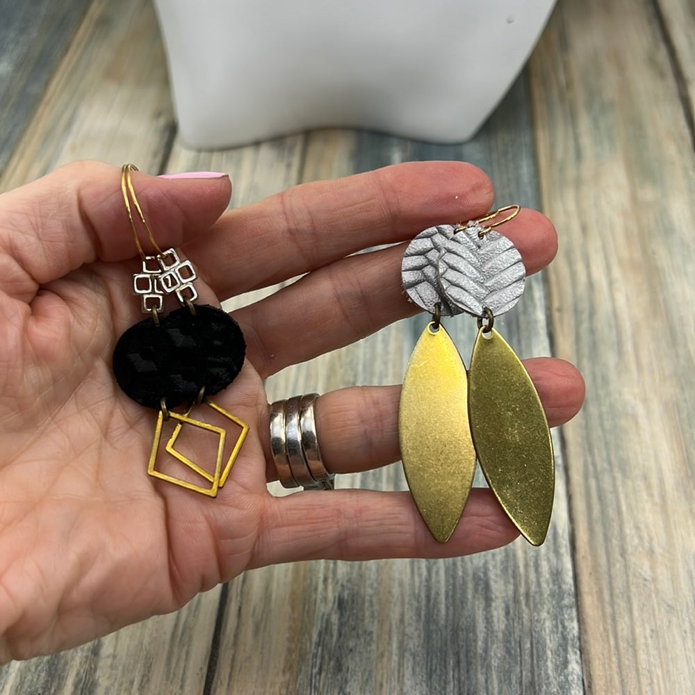 2 pair Adorned Crown Artisan Assemblage leather gray gold charm earrings