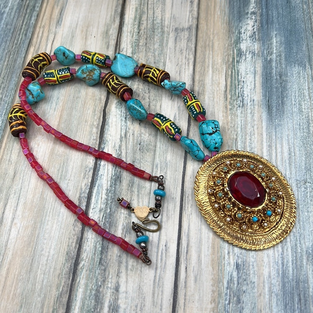 Adorned Crown Artisan Assemblage turquoise & African trade bead necklace
