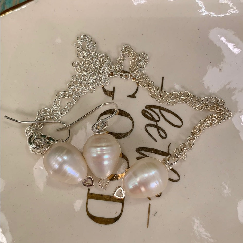 Adorned Crown pearl sterling silver heart set (1) necklace and earrings