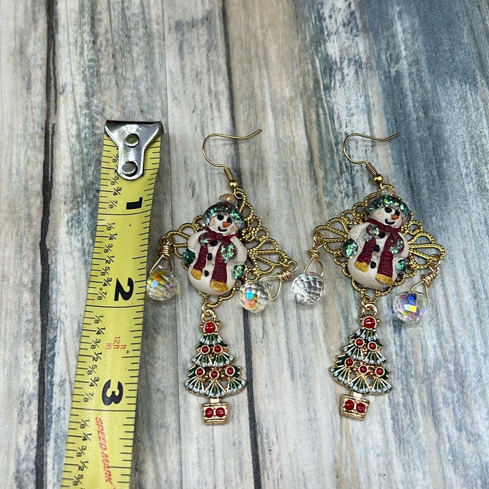Adorned Crown Jewelry assemblage Christmas tree snowman statement earrings