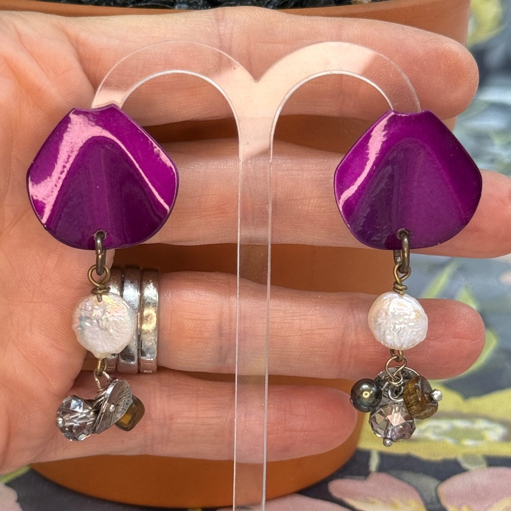 Adorned Crown Jewelry assemblage purple enamel post pearl bauble bead earrings