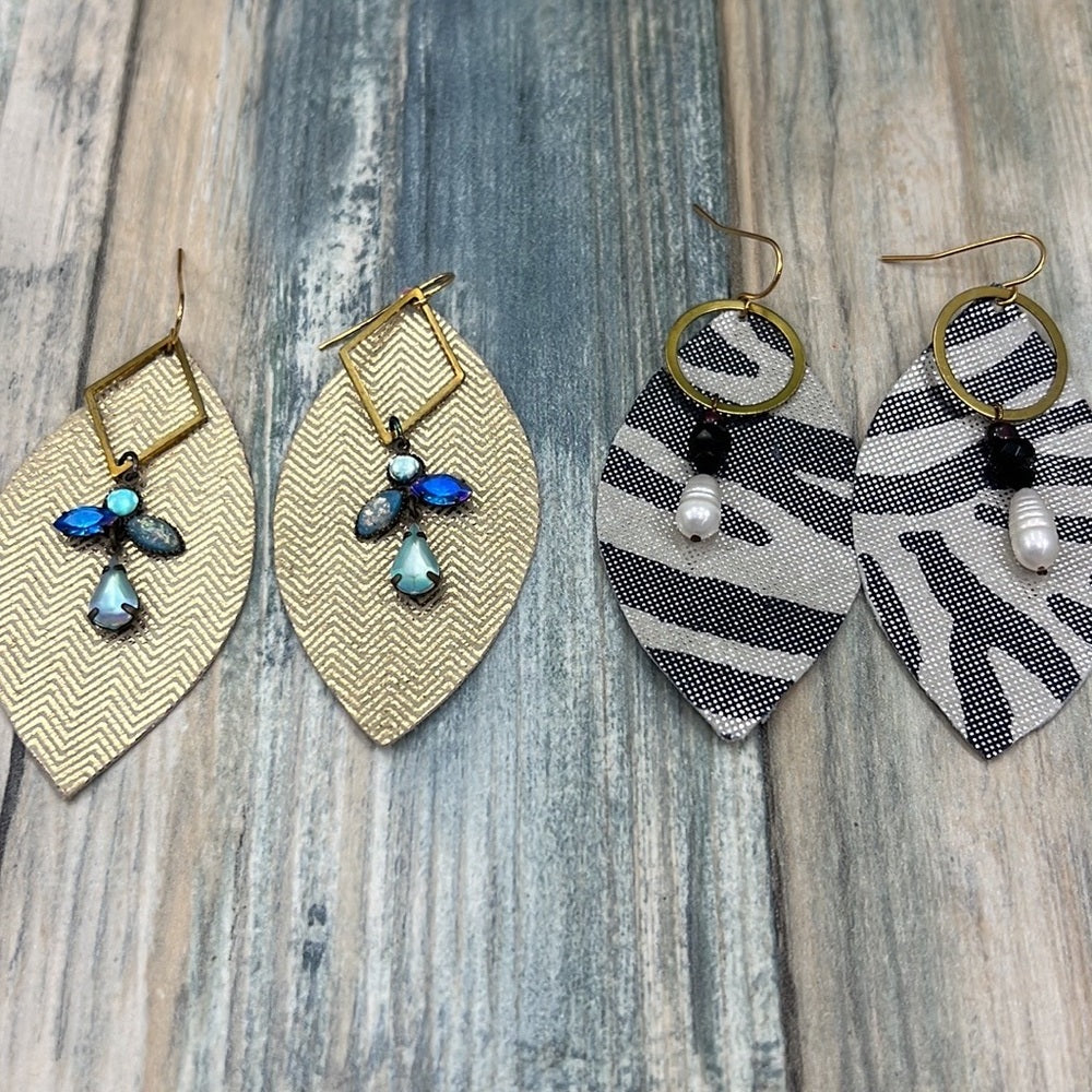 2 pair Adorned Crown Artisan Assemblage leather brass bead charm earrings