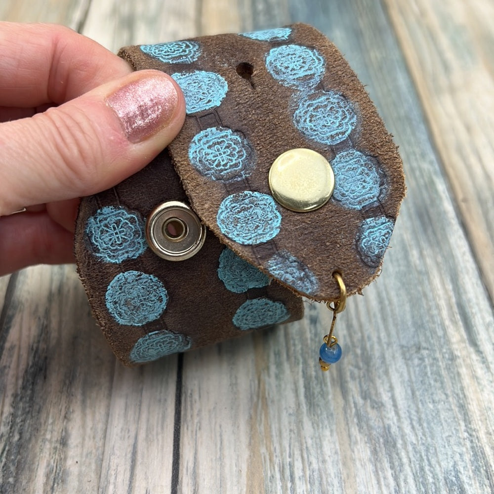 Adorned Crown enamel flower blue dot artisan assemblage leather bracelet