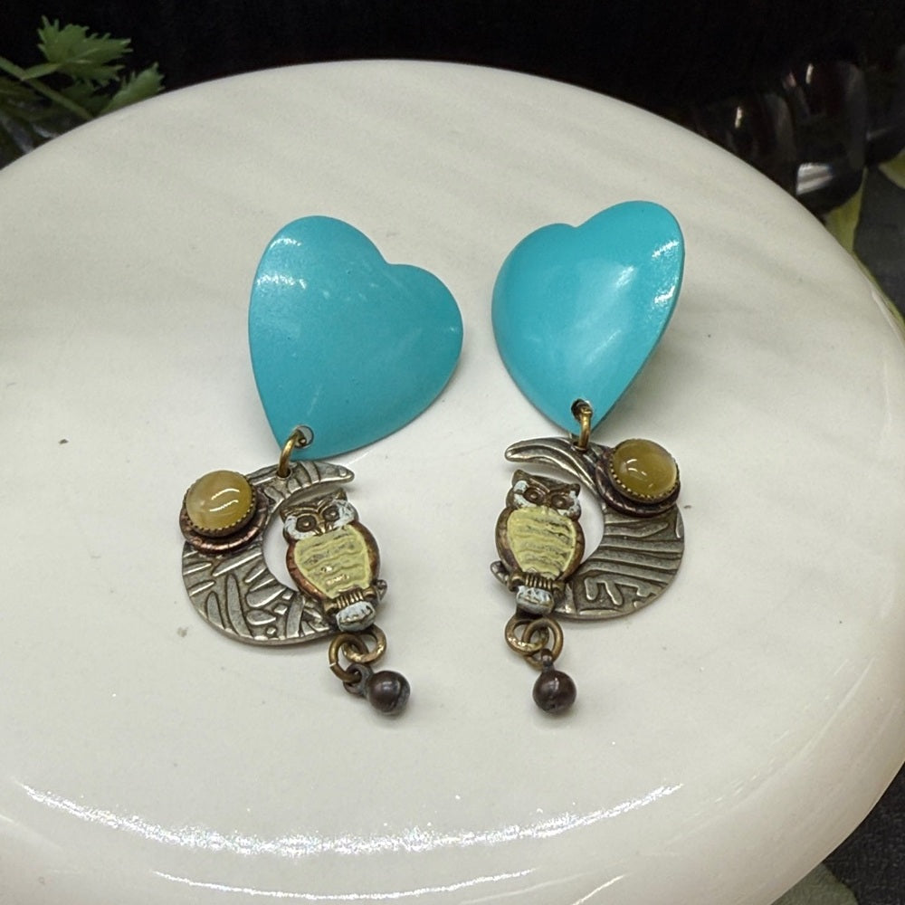Adorned Crown Jewelry assemblage teal heart enamel owl moon drop post earrings