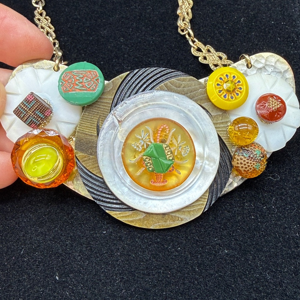 Adorned Crown Jewelry assemblage vintage button bib yellow green necklace