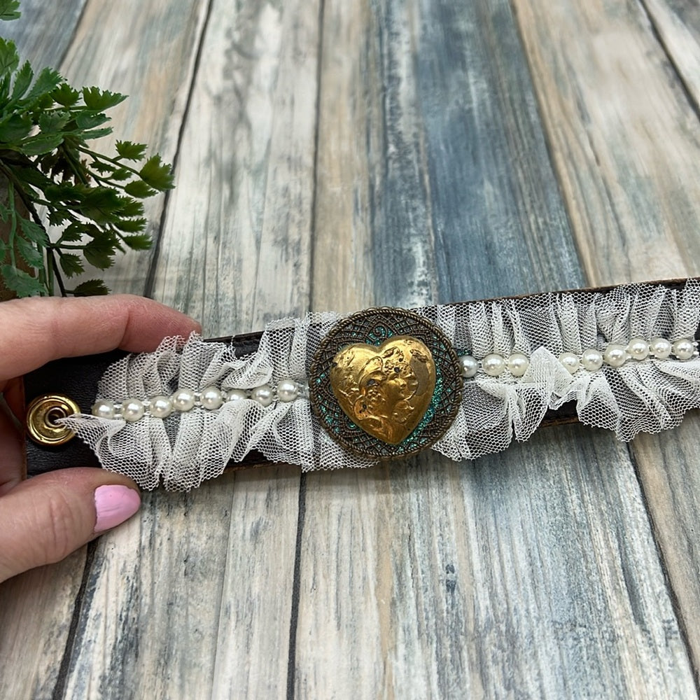 Adorned Crown Jewelry artisan assemblage leather lace lady heart cuff #3