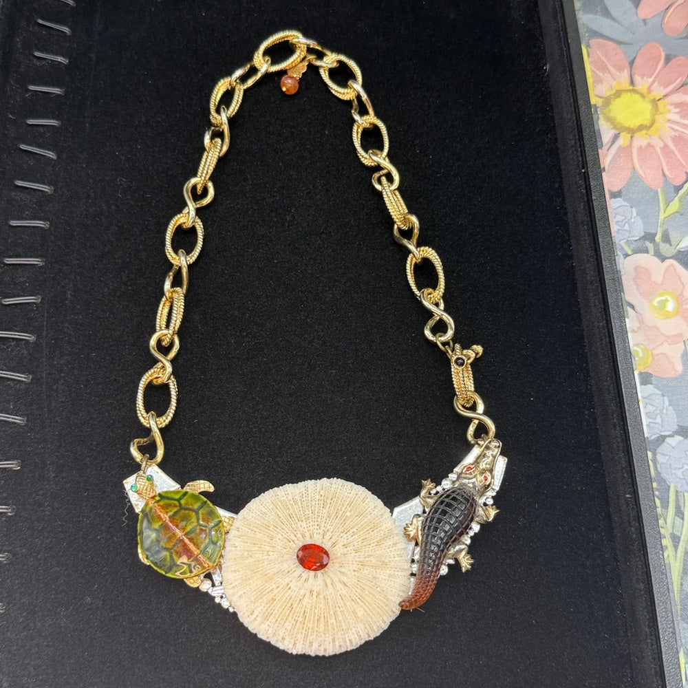 Adorned Crown Jewelry assemblage turtle alligator mushroom coral necklace