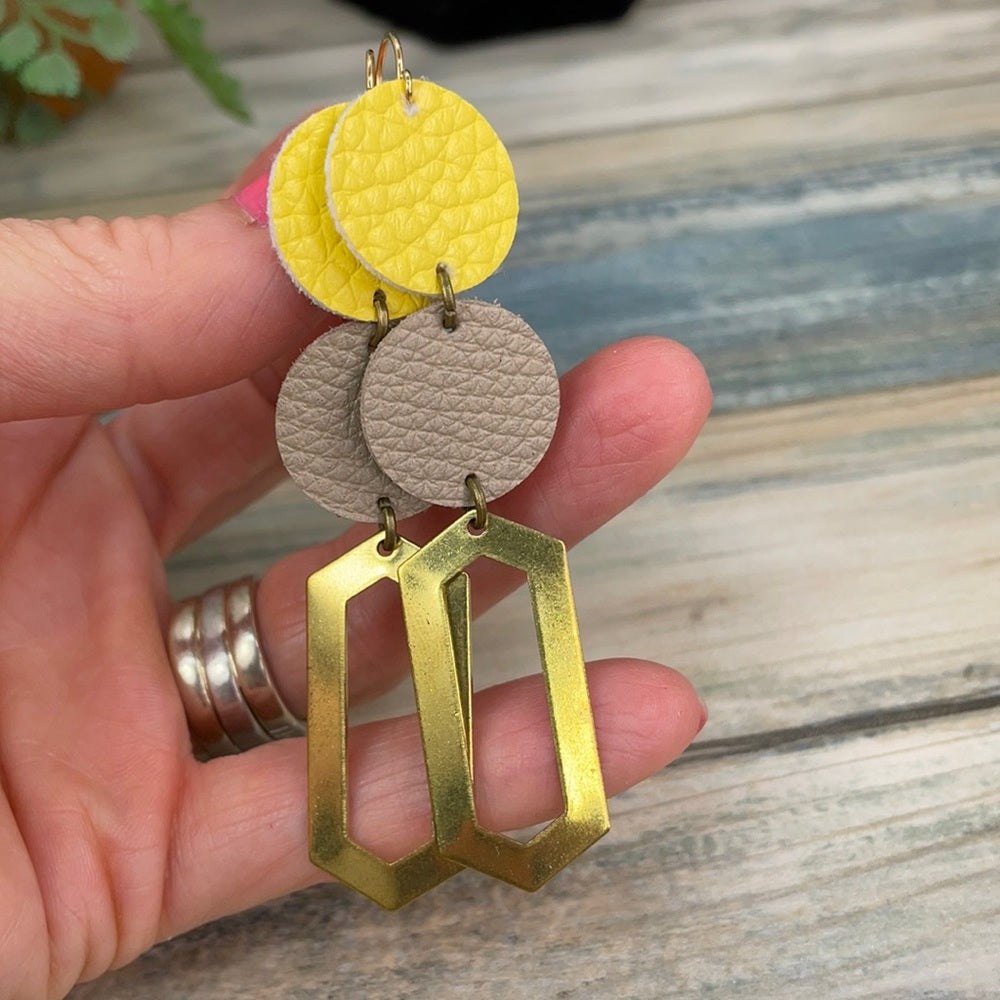 Adorned Crown geo yellow gray double leather earrings