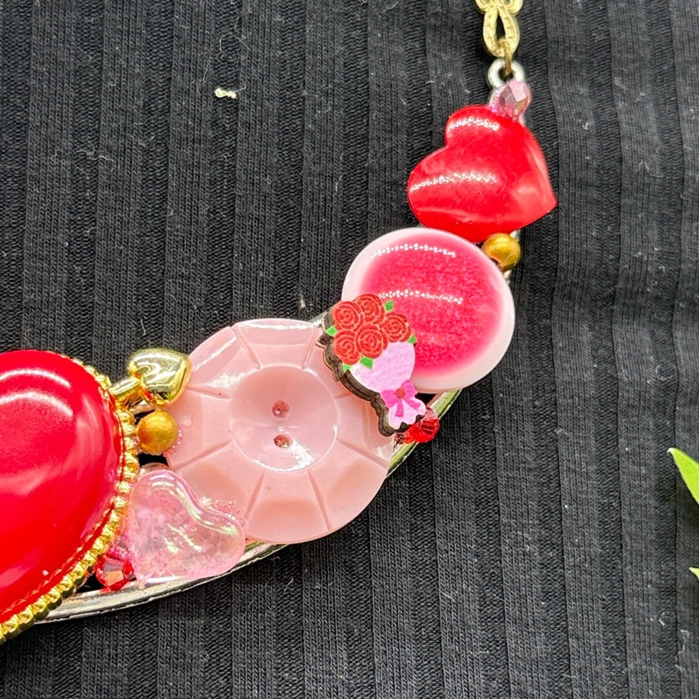 Adorned Crown Jewelry assemblage hearts ablaze pink red bib necklace