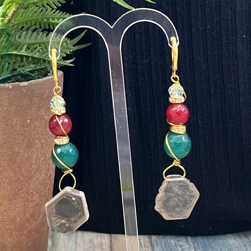Adorned Crown Artisan Assemblage wire wrapped stone bead slice drop earrings