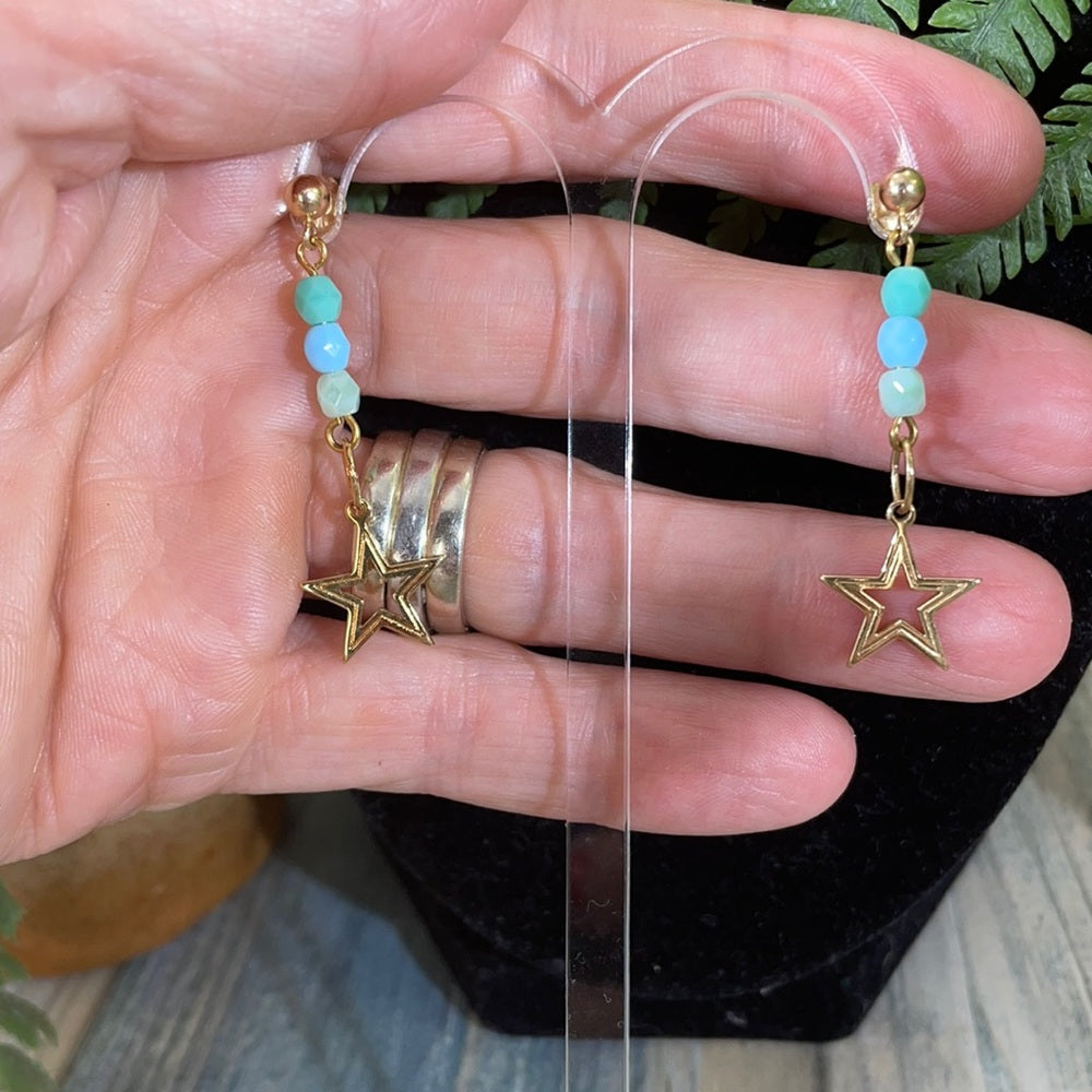 Adorned Crown artisan assemblage gold star blue green bead post earrings