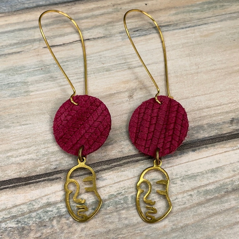 Adorned Crown geometric face drop red leather earrings