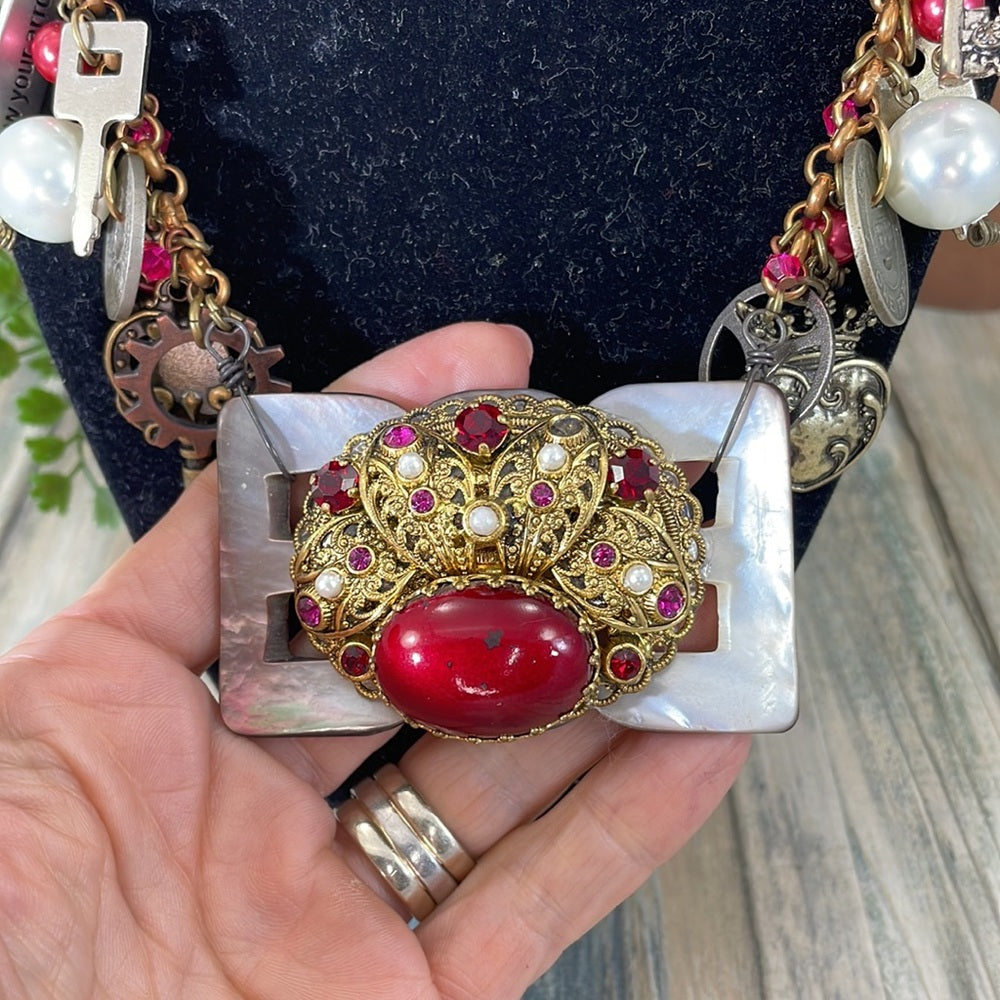 Adorned Crown Artisan assemblage heart cross charm necklace love is the key