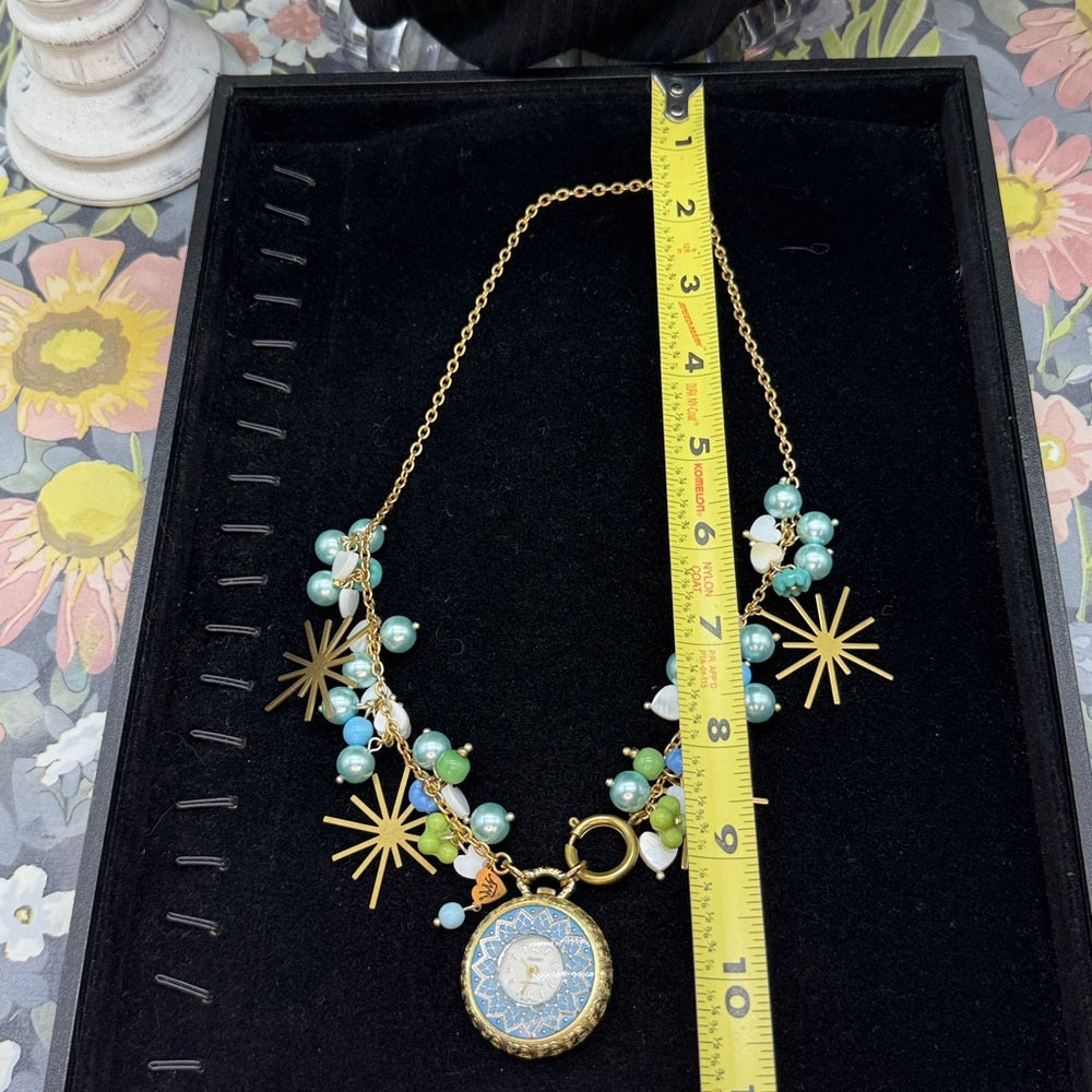 Adorned Crown Jewelry assemblage blue green watch starburst Czech necklace