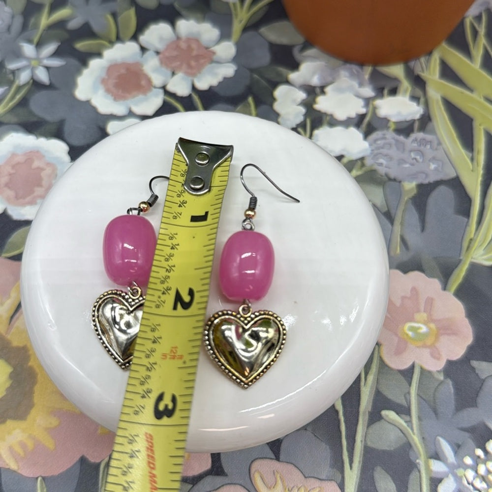 Adorned Crown rose quartz pink bead textured heart earrings