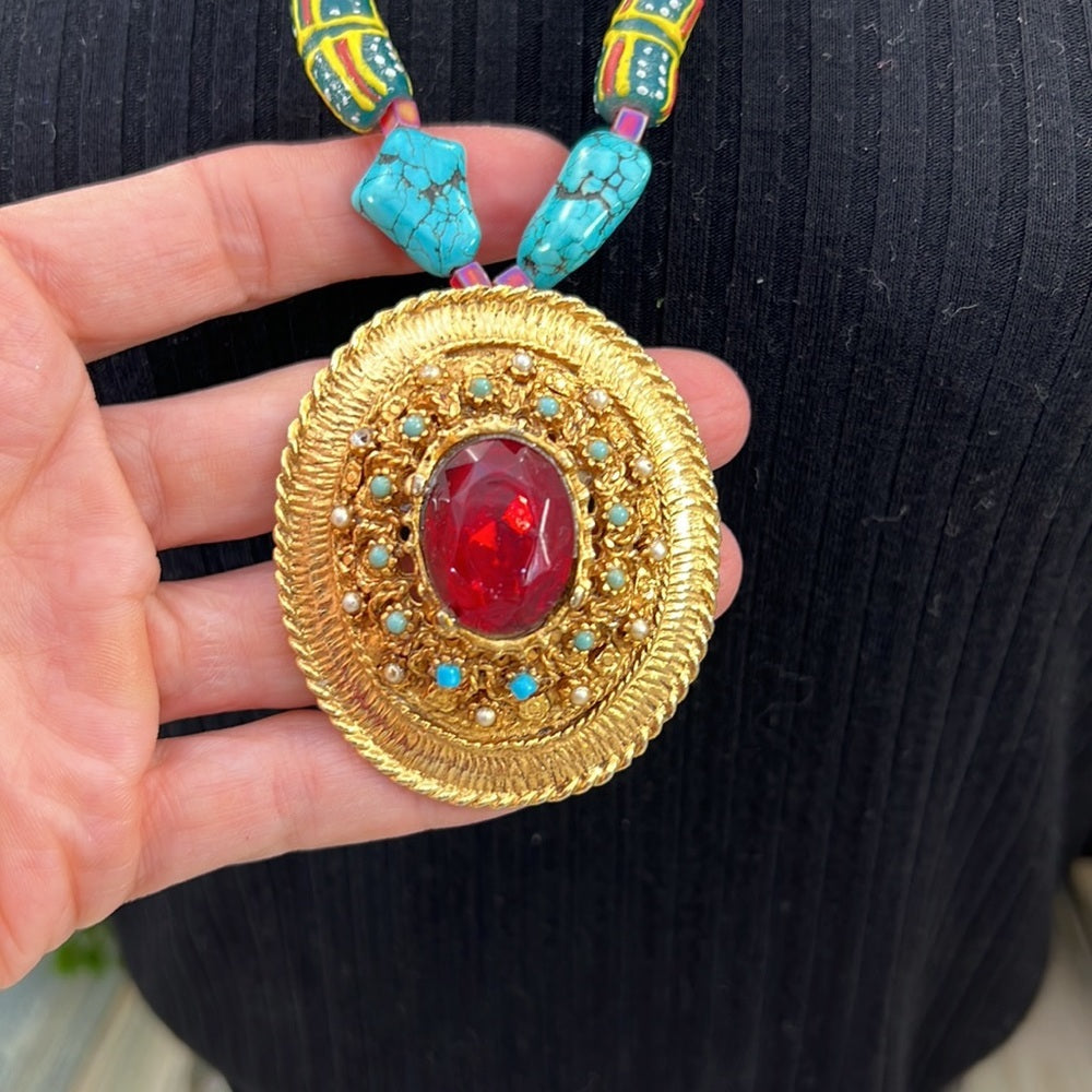 Adorned Crown Artisan Assemblage turquoise & African trade bead necklace