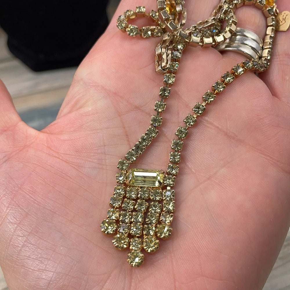 Adorned Crown artisan assemblage vintage yellow petite rhinestone necklace