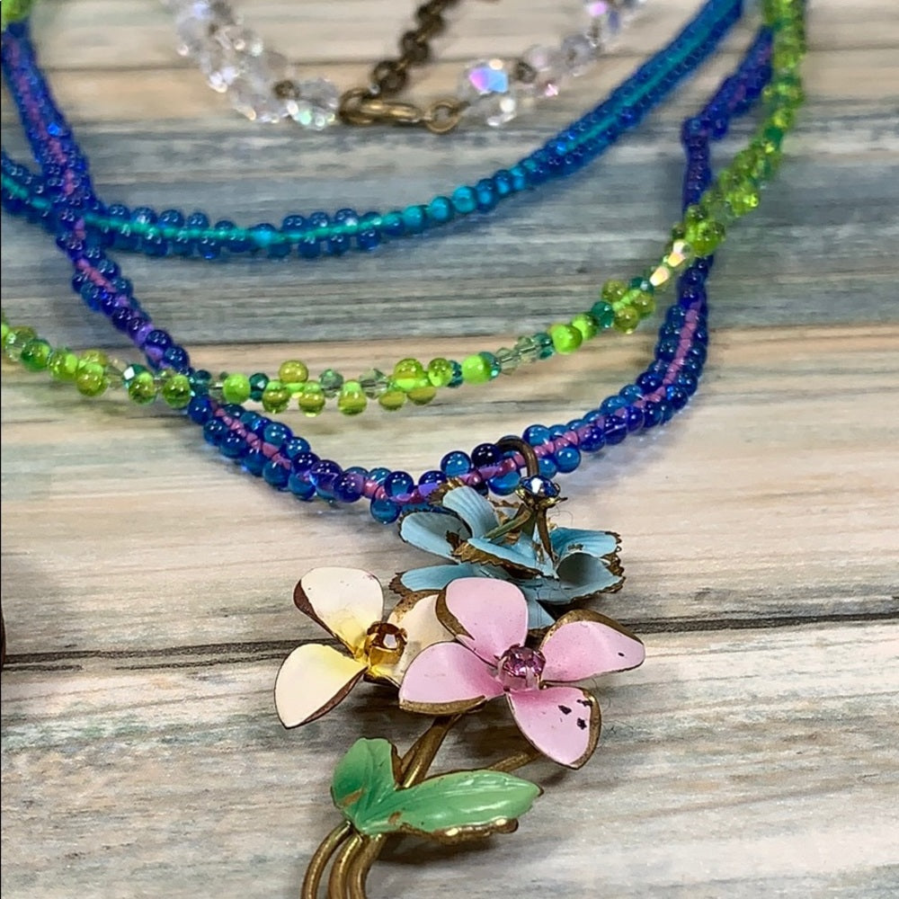 Adorned Crown artisan assemblage enamel flower glass bead 3 strand necklace