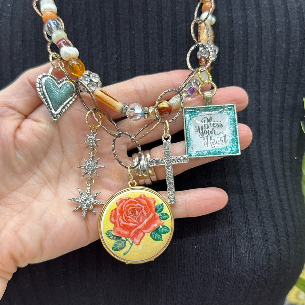 Adorned Crown Jewelry assemblage bless your heart rose locket charm necklace