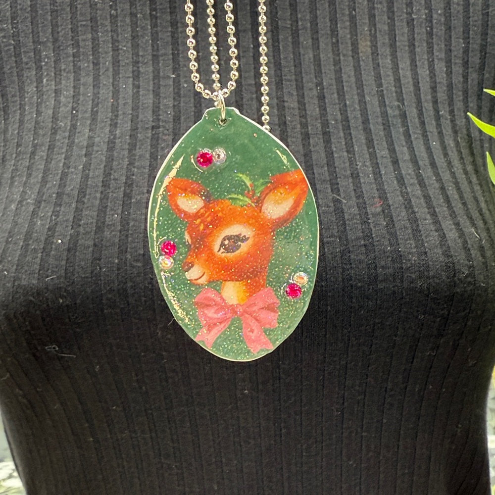 Adorned Crown Jewelry assemblage Christmas deer flat spoon necklace