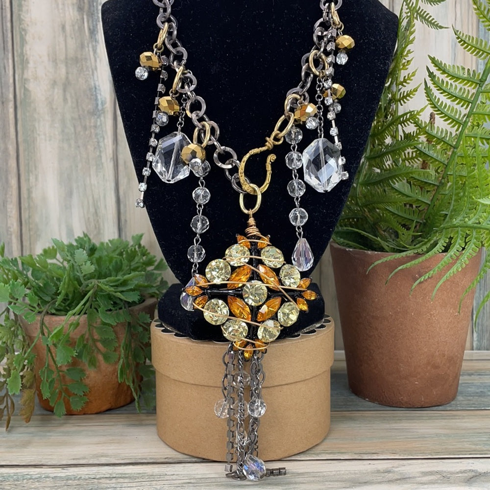 Adorned Crown Artisan Assemblage rhinestone bling drops of gold necklace
