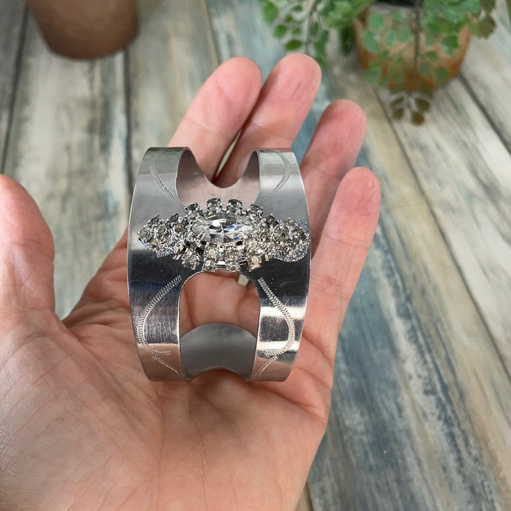 Adorned Crown artisan assemblage metal etched rhinestone cuff bracelet