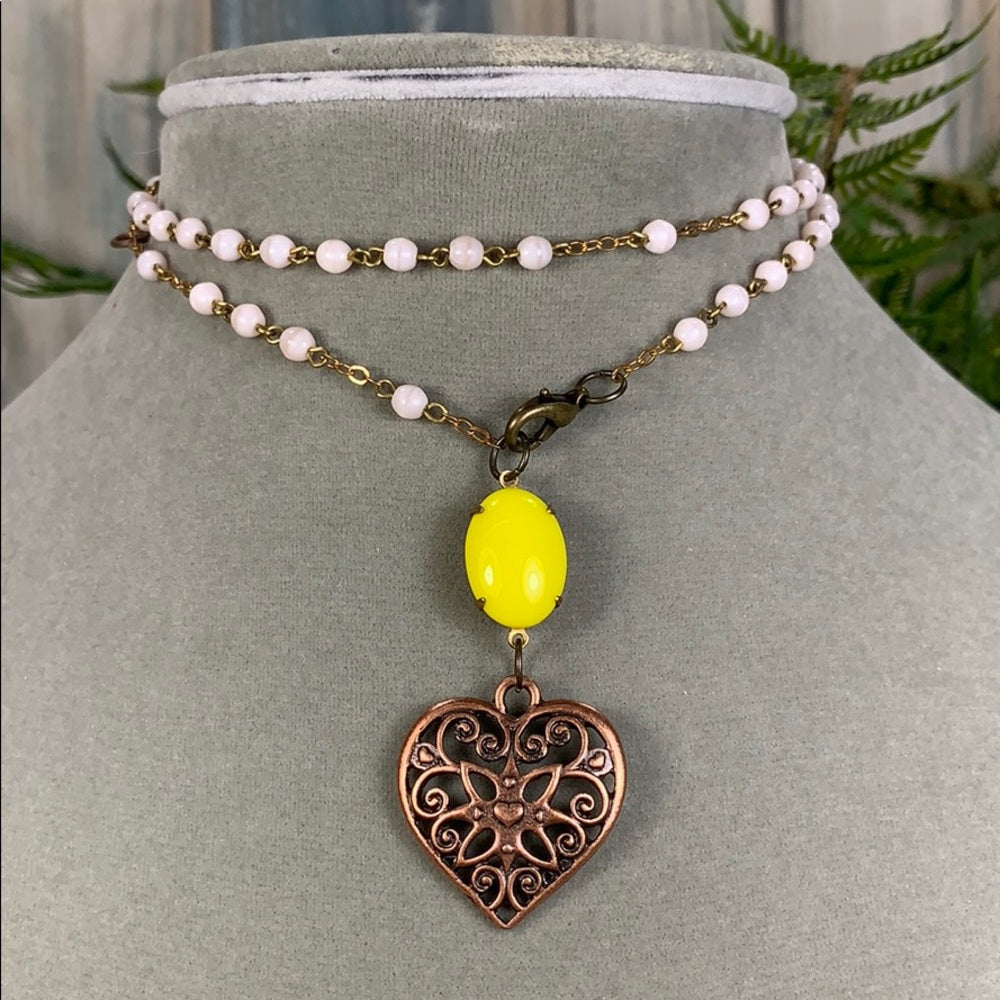 Adorned Crown artisan assemblage convertible bead heart necklace