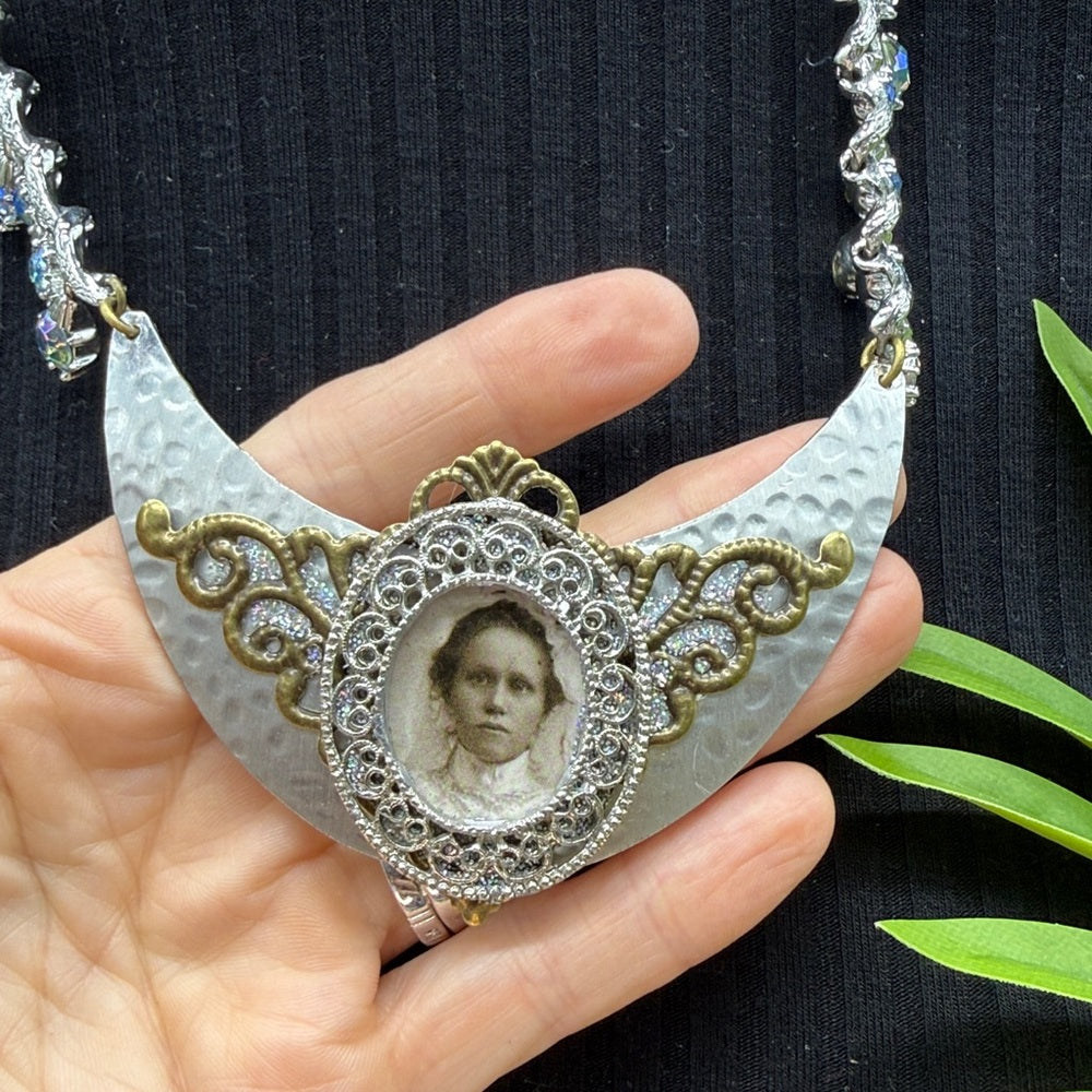Adorned Crown Jewelry assemblage rhinestone filigree female image bib necklace