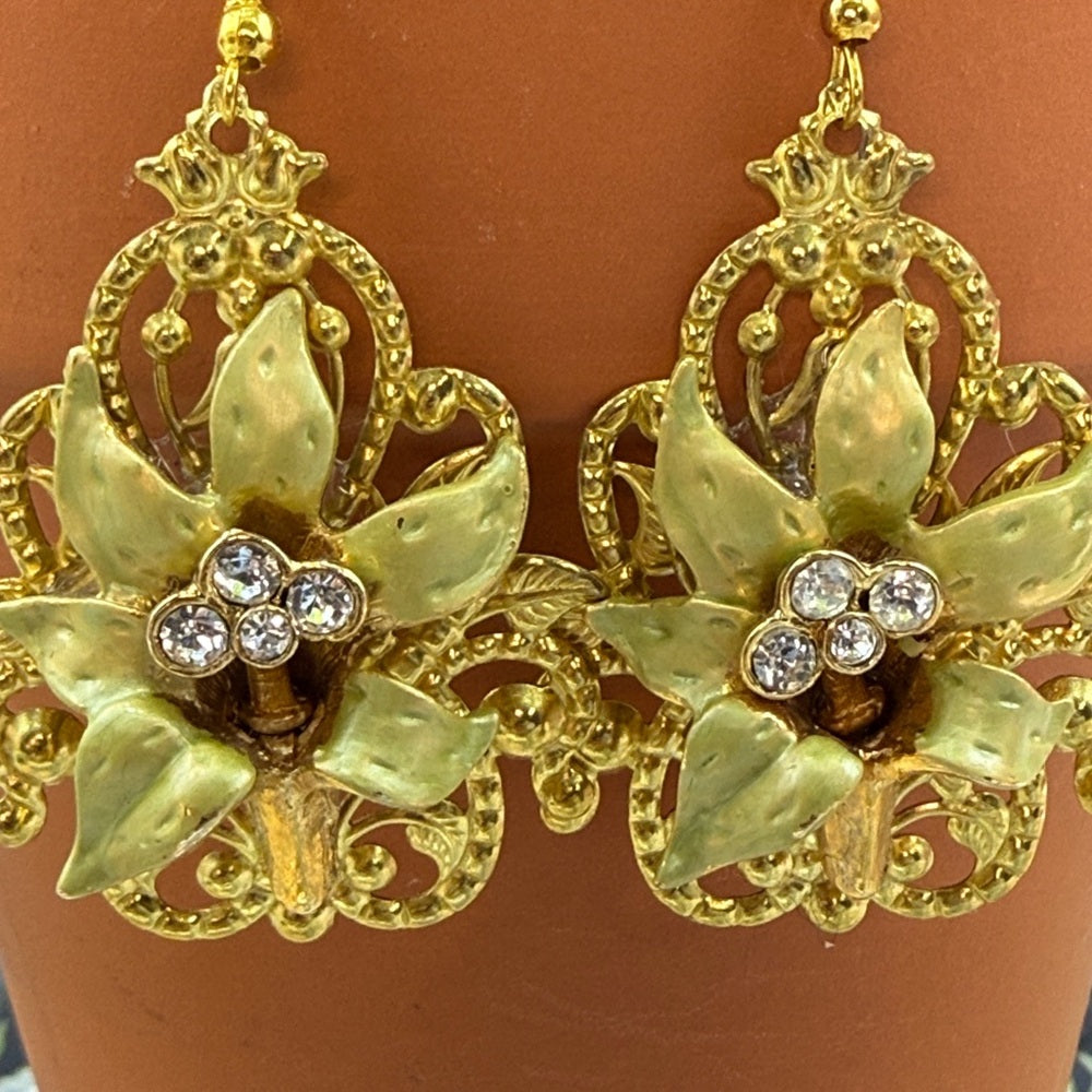 Adorned Crown Jewelry assemblage Lilies on filigree dangle earrings