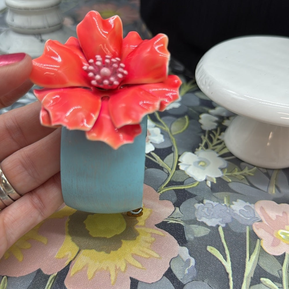 Adorned Crown Jewelry assemblage enamel salmon flower on teal cuff bracelet