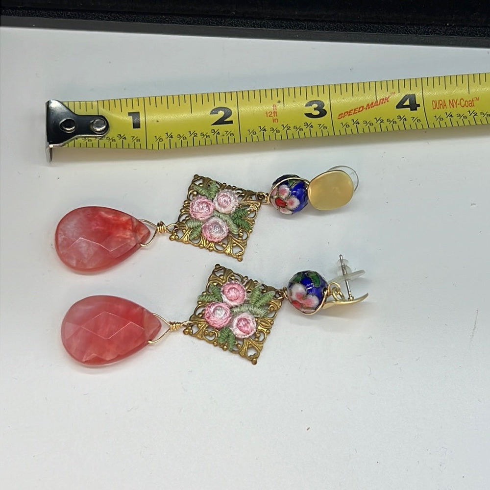 Adorned Crown Jewelry pink flower faceted briolette rose quartz earrings