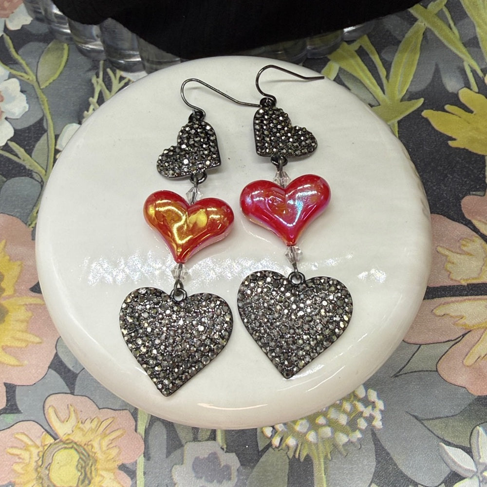 Adorned Crown Jewelry silver and red heart sparkle Valentine's Day earrings