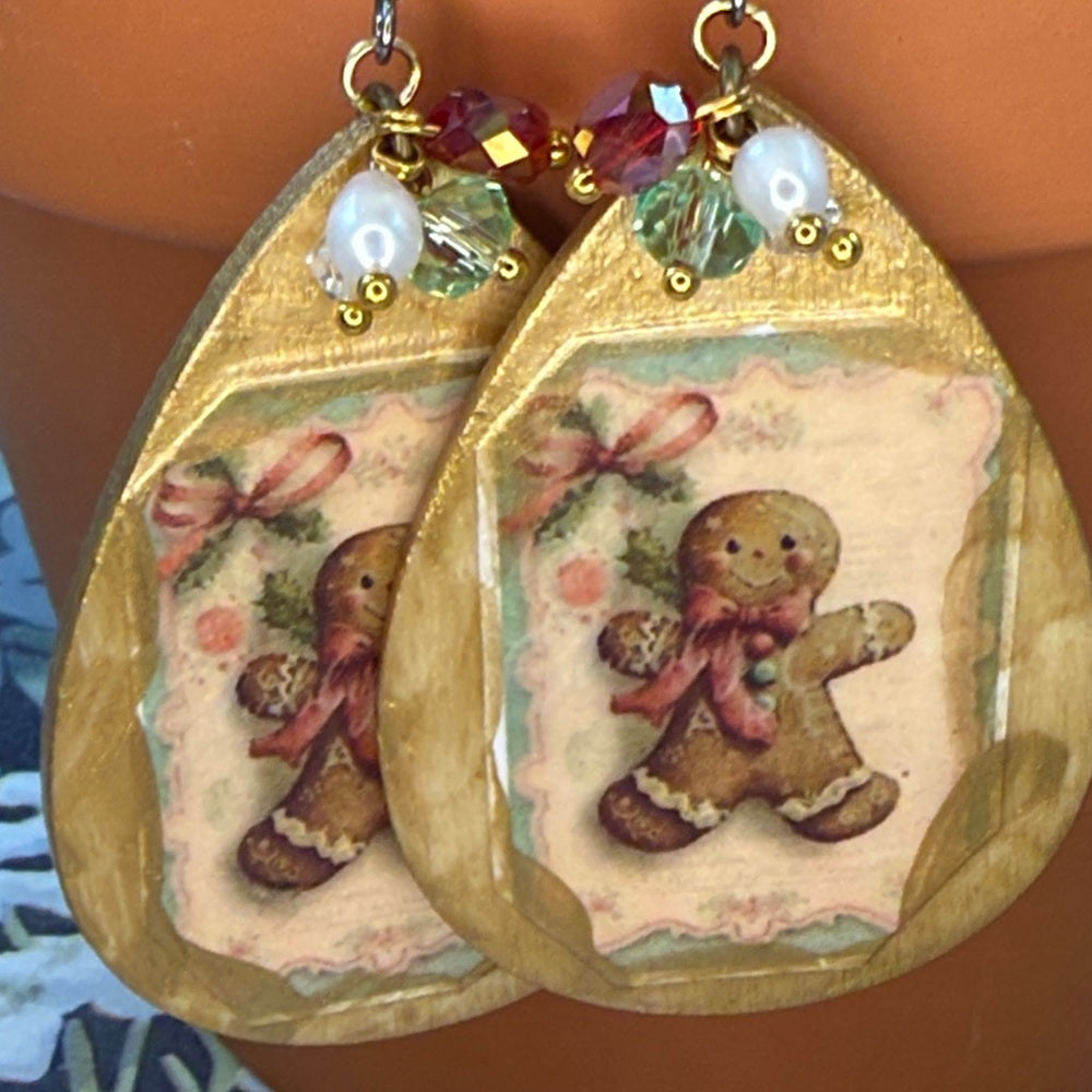 Adorned Crown Jewelry assemblage Victorian gingerbread man Christmas earrings
