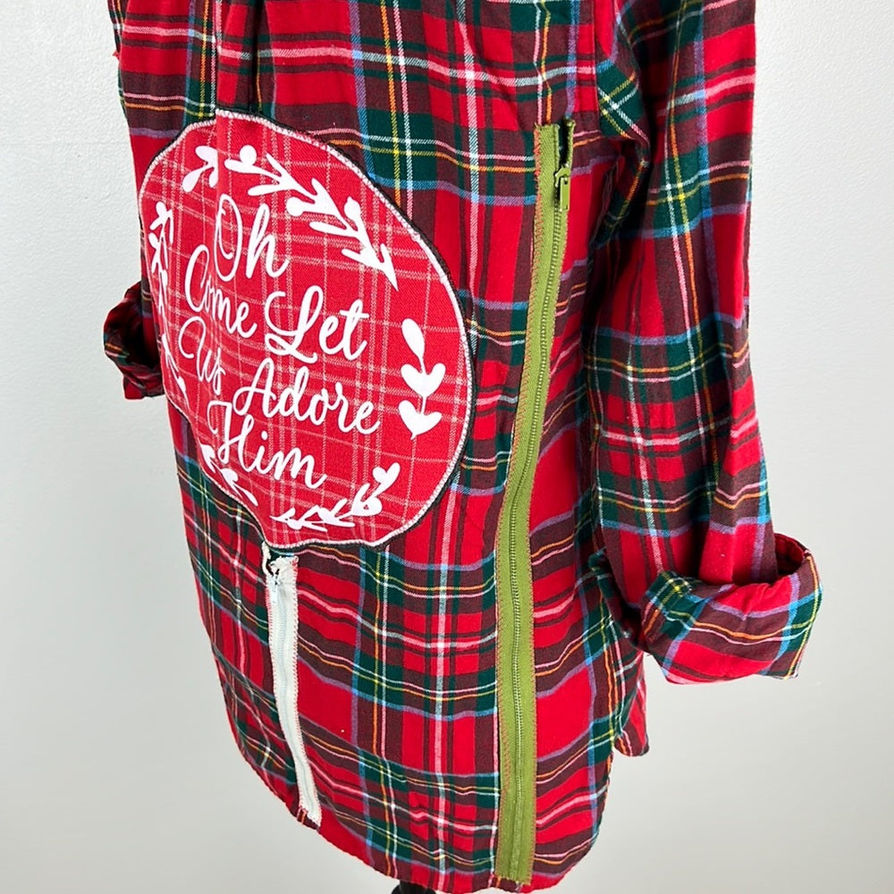 Adorned Crown Textile altered custom flannel Oh Come let us Adore Him shirt