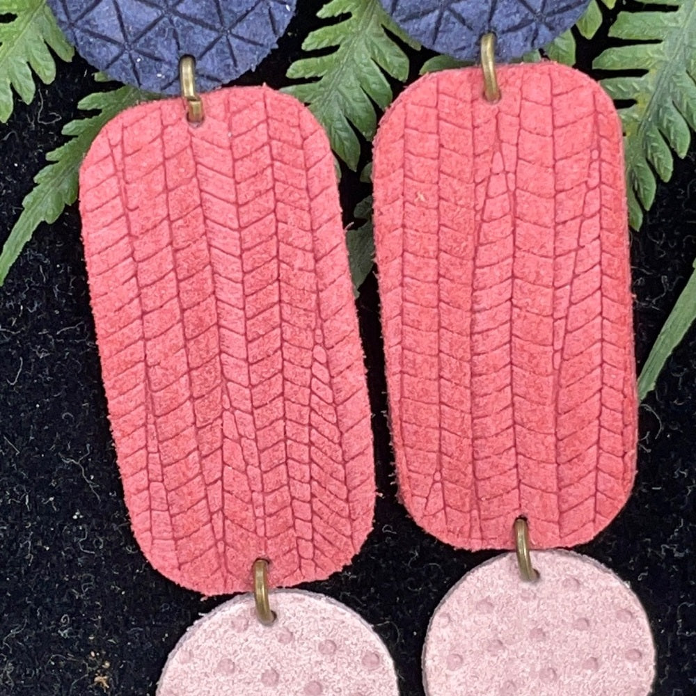 Adorned Crown geo triple leather pink blue drop earrings