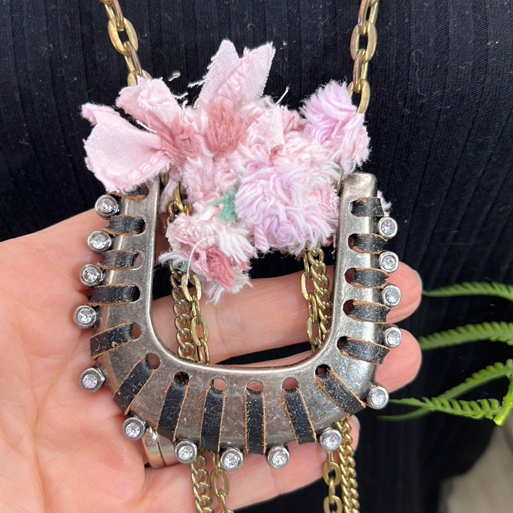 Adorned Crown cowgirl collection pink belt buckle green stone drop necklace